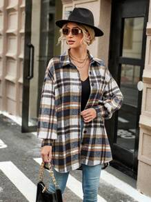 Aveloria Plaid Print Drop Shoulder High Low Hem Coat Without Belt