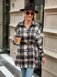 Aveloria Plaid Print Drop Shoulder High Low Hem Coat Without Belt