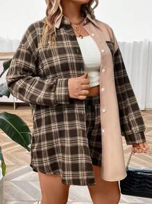 EMERY ROSE Plus Plaid Print Drop Shoulder Shirt & Knot Front Shorts - Multicolor - View 1