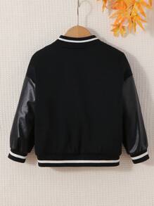 SHEIN 女小童字母圖案落肩袖條紋飾邊學院風夾克 - 黑色 - 查看 2