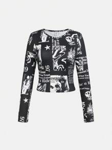 SHEIN 青少年女孩字母人物圖案T恤 - 黑色 - 查看 1