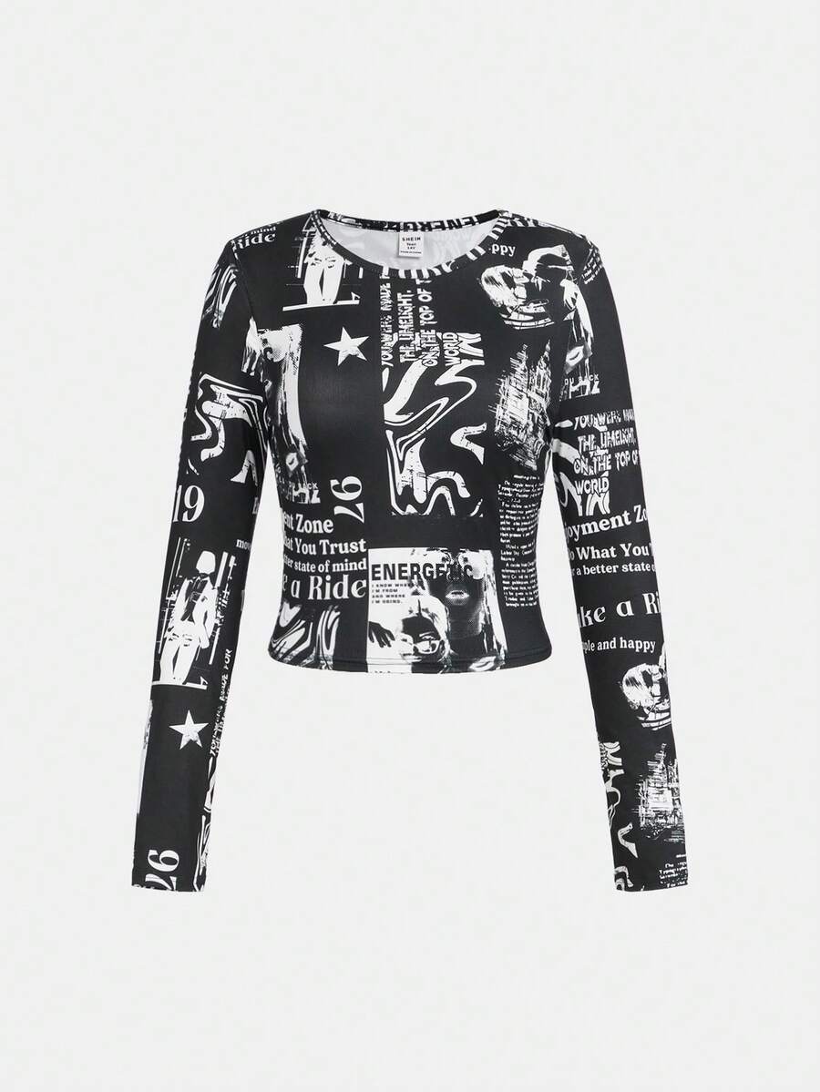 SHEIN 青少年女孩字母人物圖案T恤 - 黑色 - 查看 1