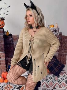 Calvaya Halloween Plus Tie Front Ribbed Knit Cardigan - Khaki - View 5