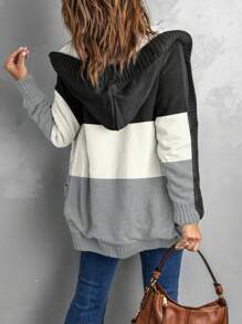 CILKOO Khối màu Xoắn Dan Nút phía trước áo có mũ Áo len Mở - màu đen - Xem 2