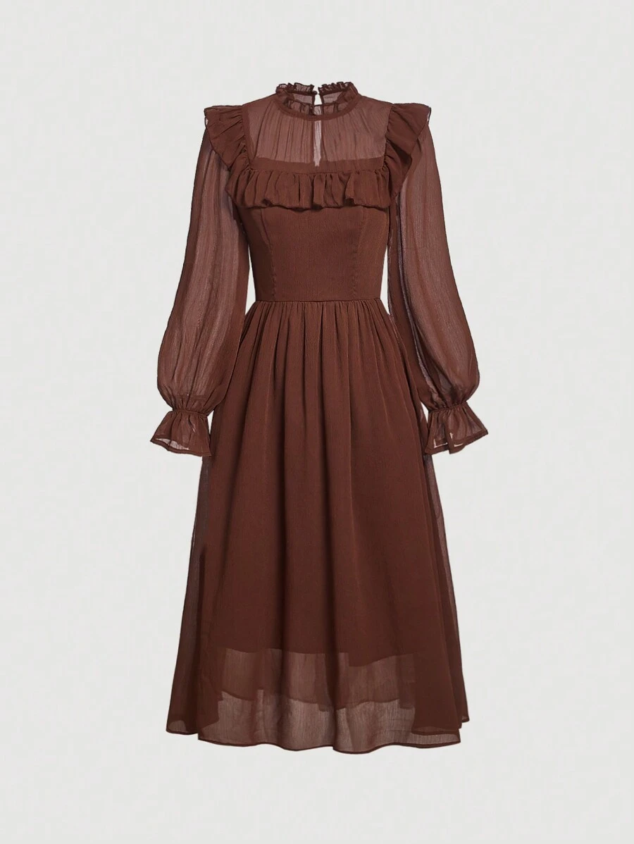 SHEIN MOD Mock Neck Ruffle Trim Flare Sleeve Dress,Sheer - Coffee Brown - View 1