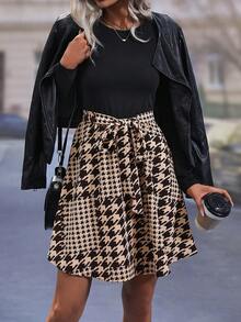 SHEIN Clasi Houndstooth Print Belted Dress - Multicolor - View 5