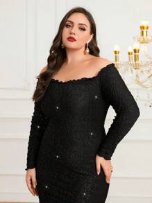 Modelyn Plus Off Shoulder Lettuce Trim Glitter Bodycon Dress - Black - View 7
