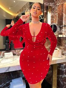 SHEIN SXY Đầm Plus Size cườm đính Vắt Ngọc trai màu trơn Gợi cảm Buổi tiệc - Đỏ - Xem 4
