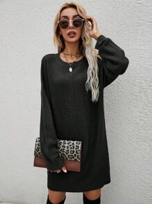 SHEIN Unity Solid Drop Shoulder Sweater Dress Without Belt - Black - View 6