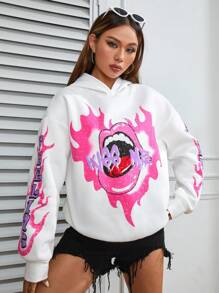 SHEIN Unity Áo hoodie rộng rãi in chữ môi lớn họa tiết ngọn lửa đường phố cá tính dành cho nữ - trắng - Xem 5