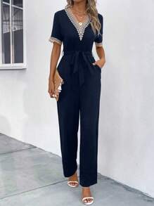 SHEIN LUNE Đồ trang trí Lace hoa văn Thắt lưng Áo liền quần - Màu xanh hải quân - Xem 3