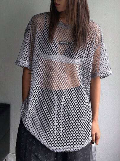 DAZY Top sin sujetador de malla con parche de letra, top salir transparente