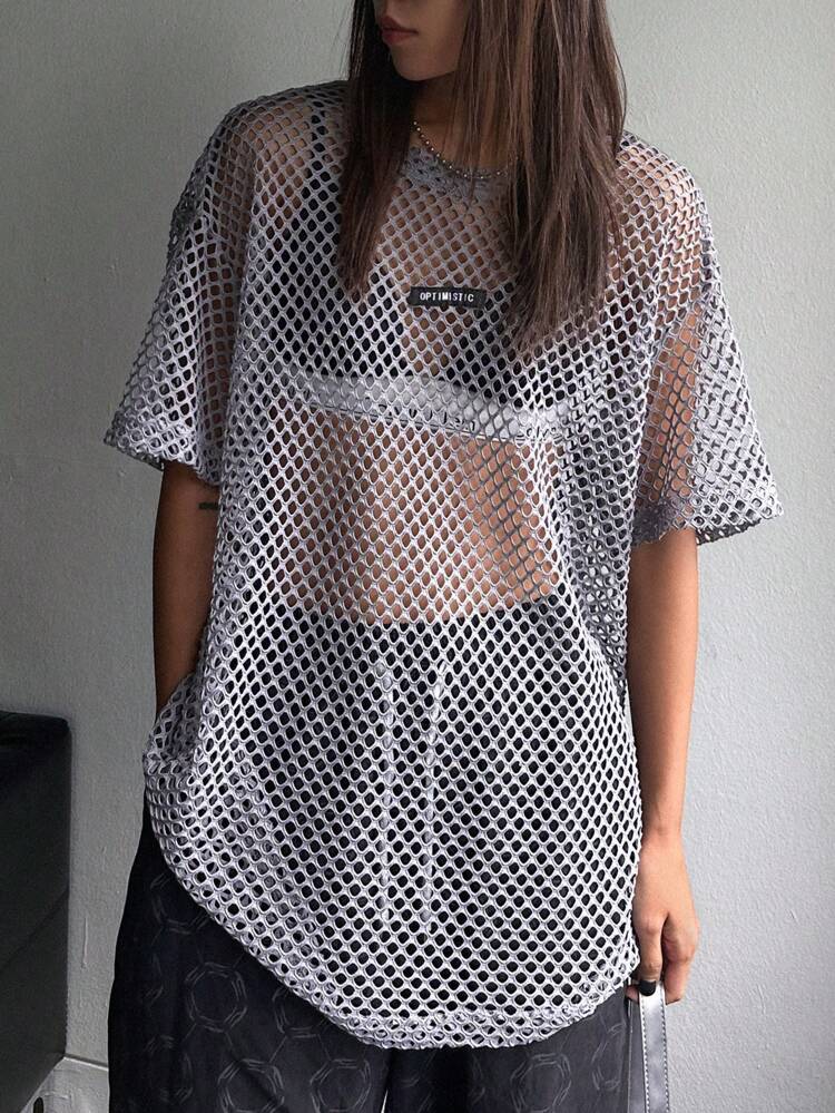 Letter Patched Drop Shoulder Mesh Top Without Bra Going Out Tops Sheer