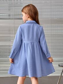 SHEIN Young Girl Letter Patched Pocket Front Smock Dress - Blue - View 2