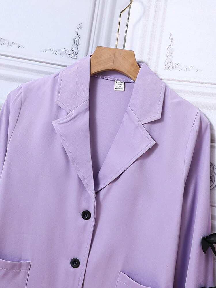 Teen Girl Bow Detail Dual Pocket Button Front Coat