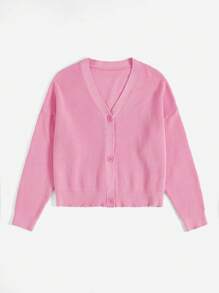 SHEIN EZwear Cárdigan con bordado de letra de hombros caídos - Rosa - Ver 2