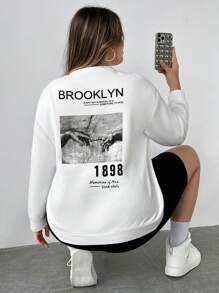 Flirla Plus Slogan & Figure Graphic Drop Shoulder Sweatshirt - White - View 1