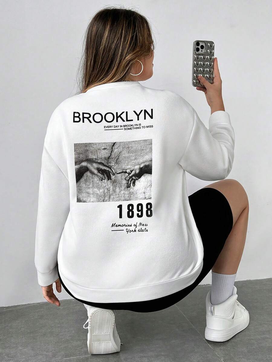 Flirla Plus Slogan & Figure Graphic Drop Shoulder Sweatshirt - White - View 1