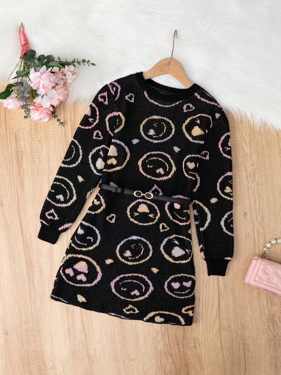 SHEIN Adolescent Fille Robe Pull Visage Dessin Animé Motif (Sans Ceinture)