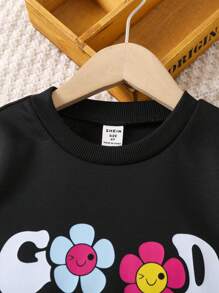 SHEIN 2pcs/Set Young Girl Everyday Casual Colorful English Letter, Cartoon Flower & Smiling Printed Black Round Neck Long Sleeve Long Sweatshirt Bottoming Pants, Spring & Autumn