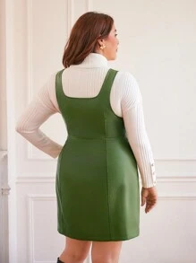 SHEIN Frenchy Plus Double Breasted PU Leather Overall Dress Without Sweater - Green - View 5