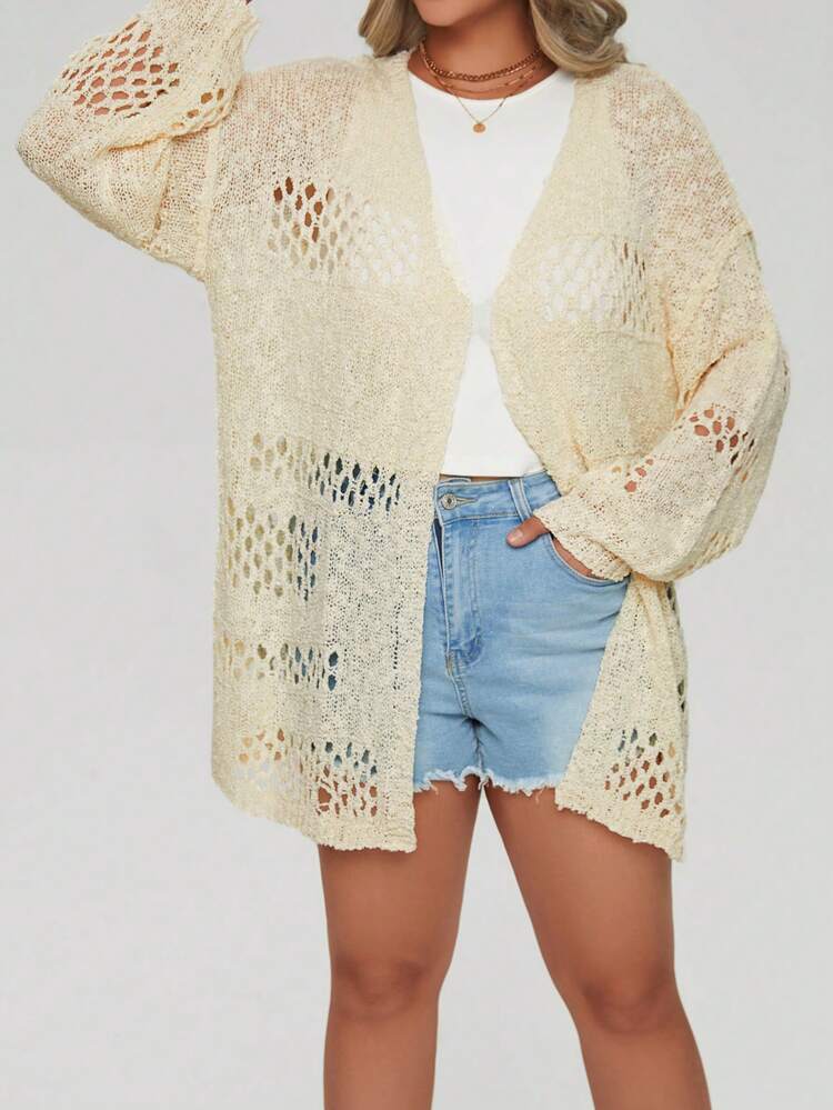 Plus Size Pointelle Knit Drop Shoulder Cardigan Fall Cloth For Women