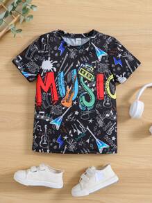 SHEIN 小男孩夏季黑色字母印花圓領常規袖休閒酷T恤 - 黑色 - 查看 6