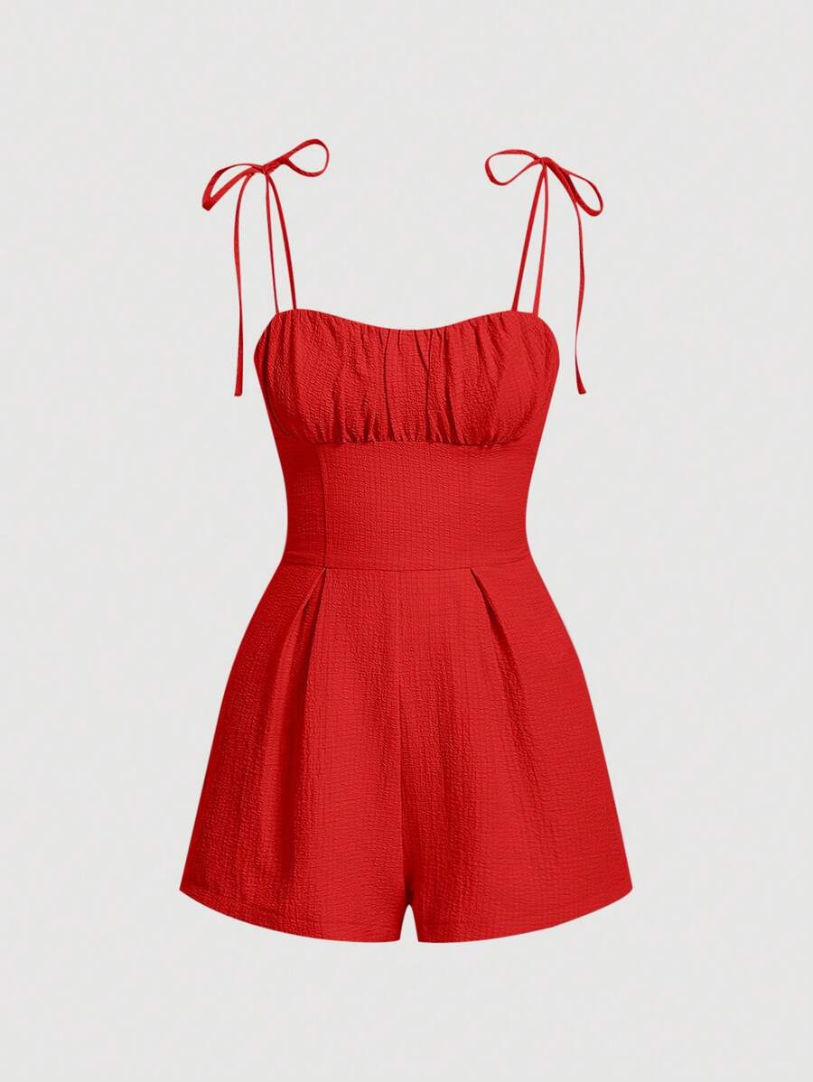 SHEIN MOD Tie Shoulder Ruched Bust Cami Romper - Red - View 1