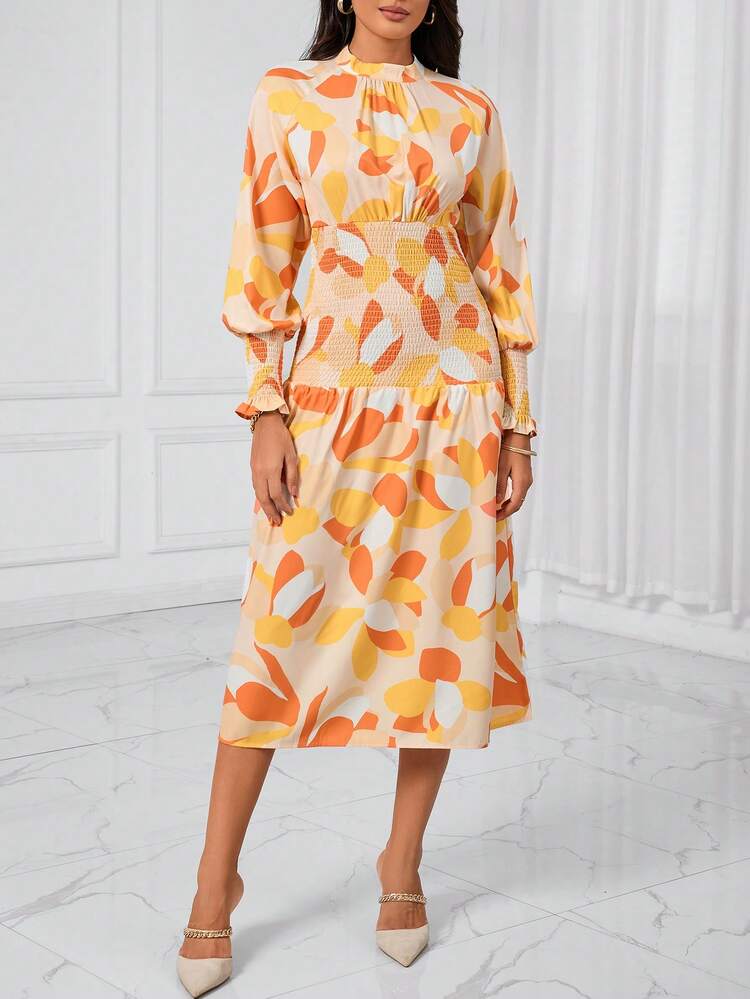 Allover Print Lantern Sleeve Dress Fall Cloth For Women