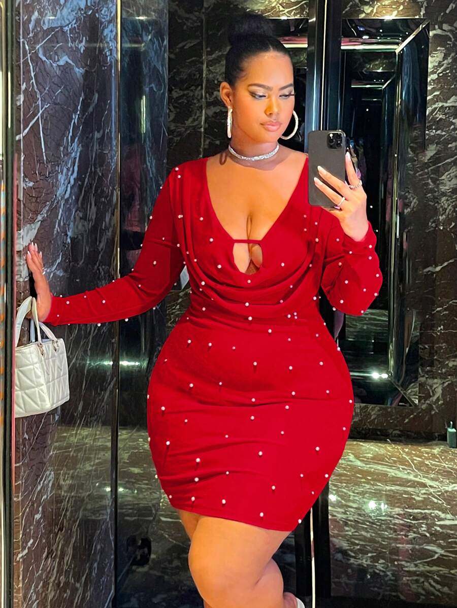 SHEIN SXY Đầm Plus Size cườm đính Vắt Ngọc trai màu trơn Gợi cảm Buổi tiệc - Đỏ - Xem 1
