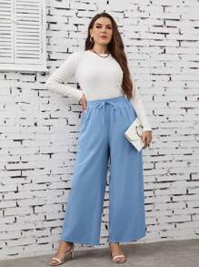 SHEIN LUNE Hơn Eo dây rút Quần ống rộng - Màu xanh lam - Xem 4