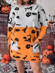 Calvaya Hơn Hoa văn Halloween Thả vai Đầm Áo len - Nhiều màu - Xem 3