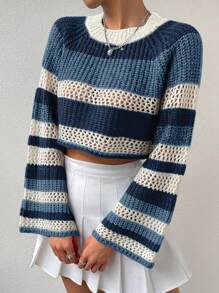 Flirla Colorblock Raglan Sleeve Pointelle Knit Crop Sweater Knit Pullover Fall Winter Outfit