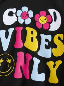 SHEIN 2pcs/Set Young Girl Everyday Casual Colorful English Letter, Cartoon Flower & Smiling Printed Black Round Neck Long Sleeve Long Sweatshirt Bottoming Pants, Spring & Autumn