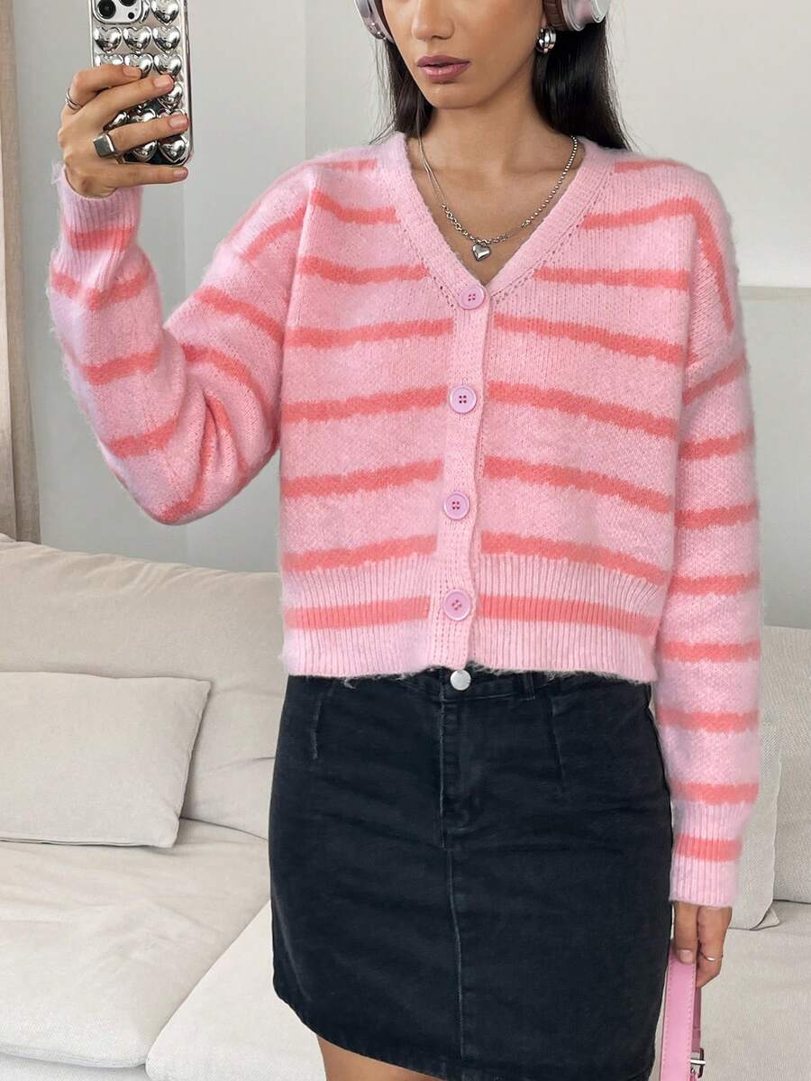 SHEIN Qutie 條紋圖案落肩開衫 - 彩色 - 查看 1