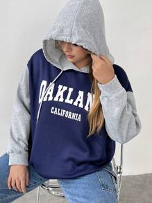 Flirla 加大码字母图案撞色落肩抽绳卫衣 - 黑色 - 查看 7