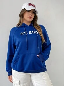 Flirla Plus Letter Graphic Raglan Sleeve Drawstring Hoodie