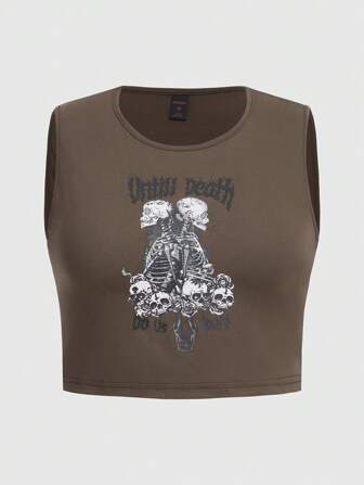 Grunge Punk Blusa crop top sin mangas con estampado de calavera talla grande, moda de verano
