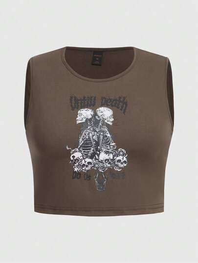 Grunge Punk Plus Size Skull Print Sleeveless Crop Top, Summer Fashion