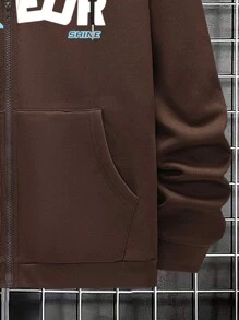 Manfinity Homme Men Loose Star & Letter Graphic Zip Up Thermal Lined Drawstring Hoodie Without Tee - Brown - View 3