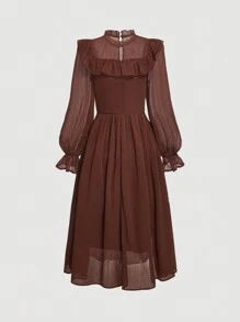 SHEIN MOD Mock Neck Ruffle Trim Flare Sleeve Dress,Sheer - Coffee Brown - View 2