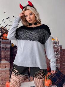 Calvaya Áo len chui đầu phối ren hai tông màu tương phản, kiểu dáng thu đông. - Nhiều màu - Xem 4