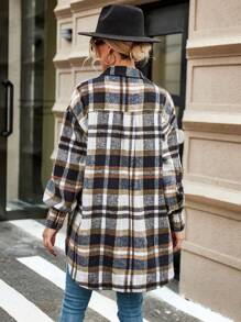 Aveloria Plaid Print Drop Shoulder High Low Hem Coat Without Belt