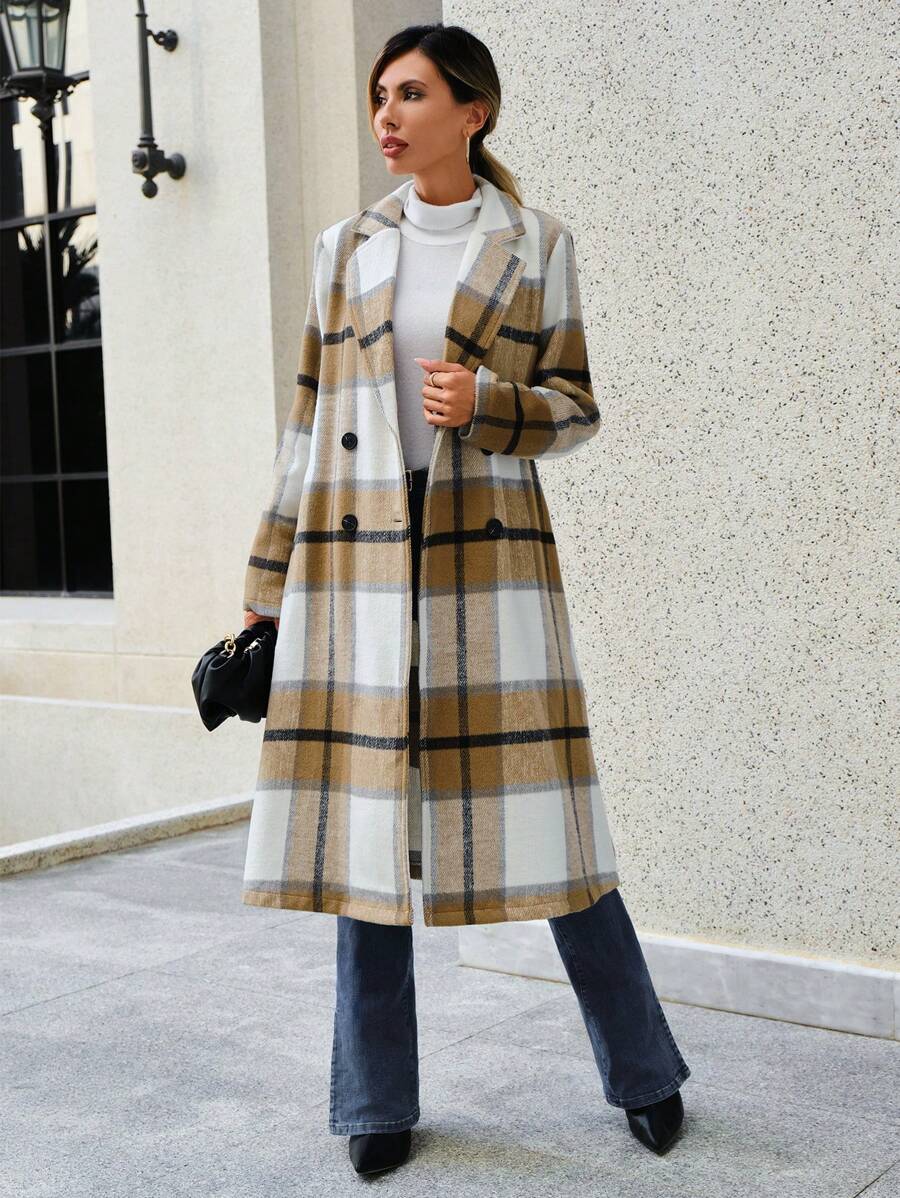 SHEIN Clasi 格紋雙排釦花呢外套 - 卡其色 - 查看 1
