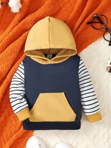 Áo nỉ 2023, tay dài, bo gân ở cổ tay và viền áo, thiết kế phối màu với mũ trùm đầu trơn và túi kẻ sọc, áo nỉ chui đầu cho bé trai. - Nhiều màu - Xem 1