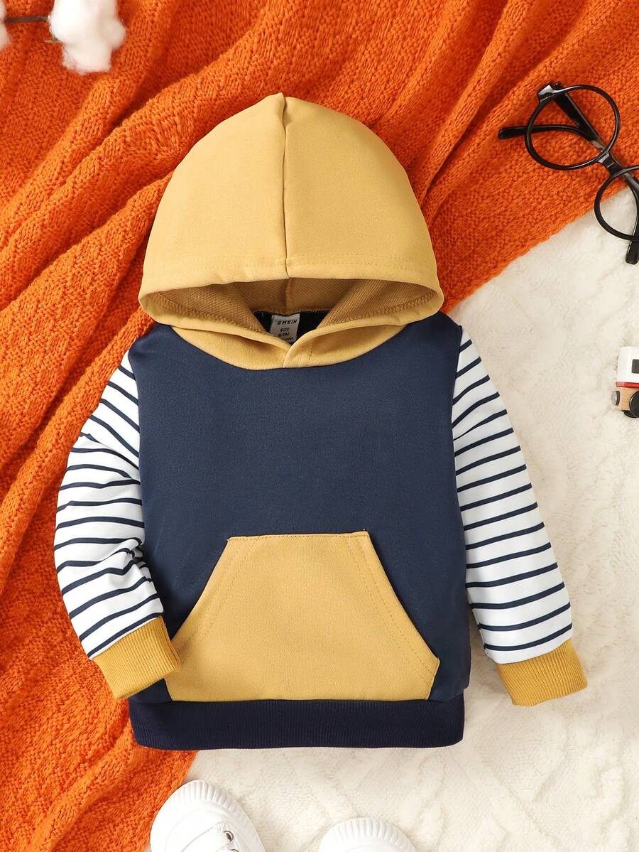 Áo nỉ 2023, tay dài, bo gân ở cổ tay và viền áo, thiết kế phối màu với mũ trùm đầu trơn và túi kẻ sọc, áo nỉ chui đầu cho bé trai. - Nhiều màu - Xem 1
