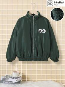 SHEIN Tween Girl Cartoon Graphic Thermal Lined Jacket - Dark Green - View 2
