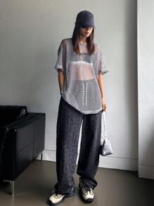 DAZY Top sin sujetador de malla con parche de letra, top salir transparente - Gris - Ver 4