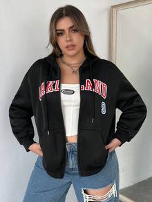 Flirla Áo nỉ cỡ lớn in chữ, vai rớt, dây rút, khóa kéo. - màu đen - Xem 5