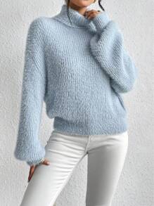 SoleilVie Jersey de punto esponjoso de cuello alto con hombros caídos, suéter de manga larga de punto para otoño e invierno - Azul - Ver 6